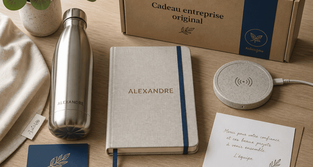 Cadeau entreprise original carnet gravé, gourde inox, chargeur induction