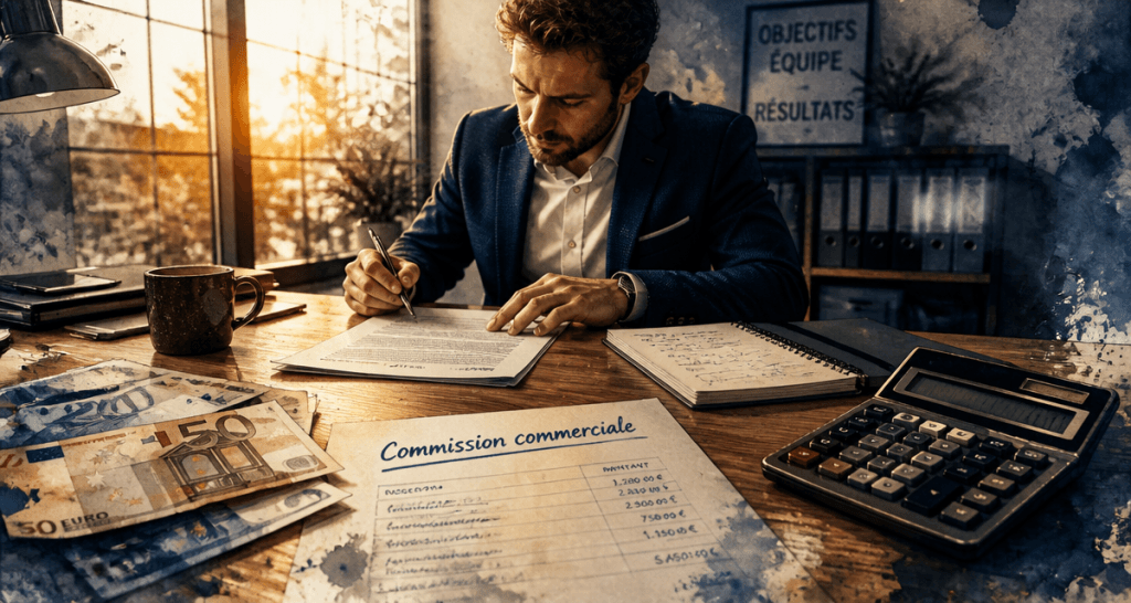 Commercial à la commission examinant contrat et calcul
