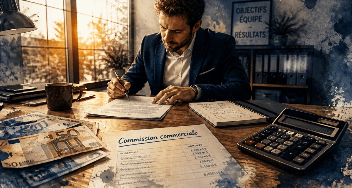 Commercial à la commission examinant contrat et calcul