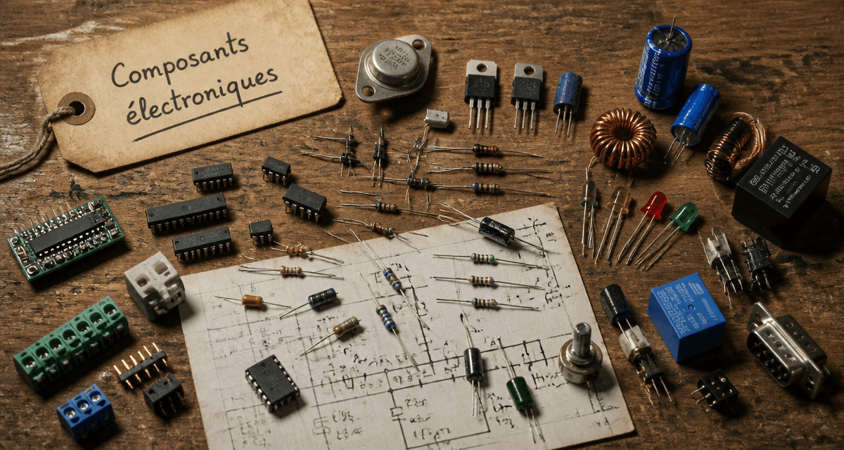composants électroniques sur établi en bois