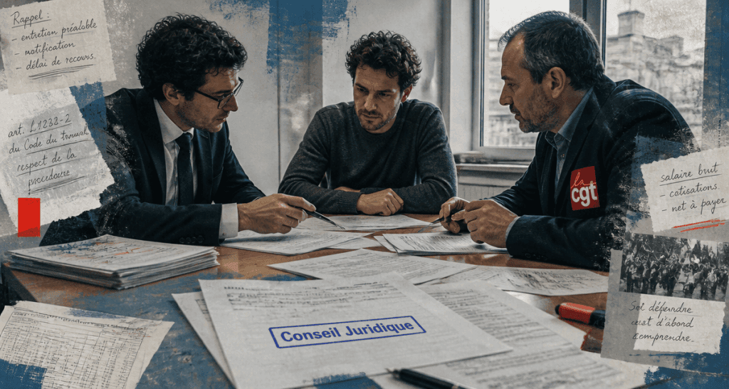 Scène conseil droit travail réunion avocat salarié