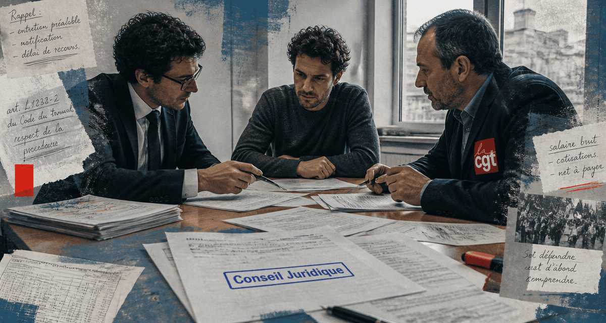 Scène conseil droit travail réunion avocat salarié