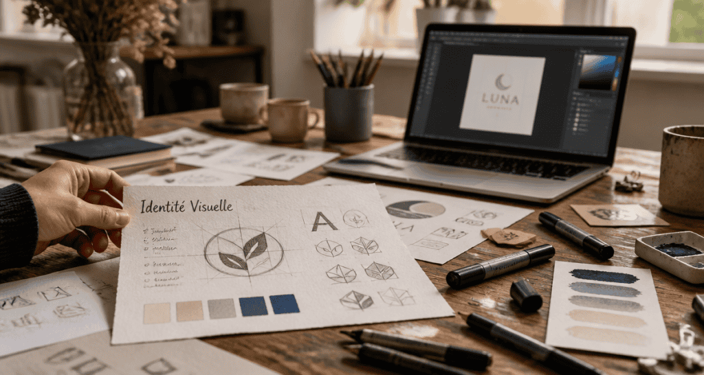 conseil logo esquisses et couleurs sur table