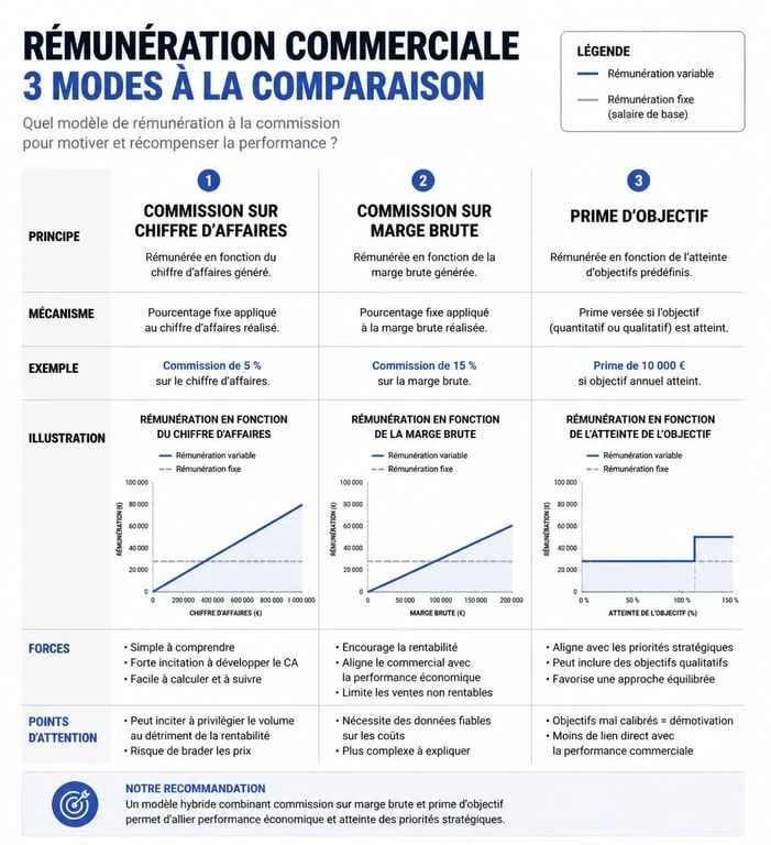 Tableau comparatif des méthodes de rémunération pour un commercial à la commission : CA, marge et objectifs
