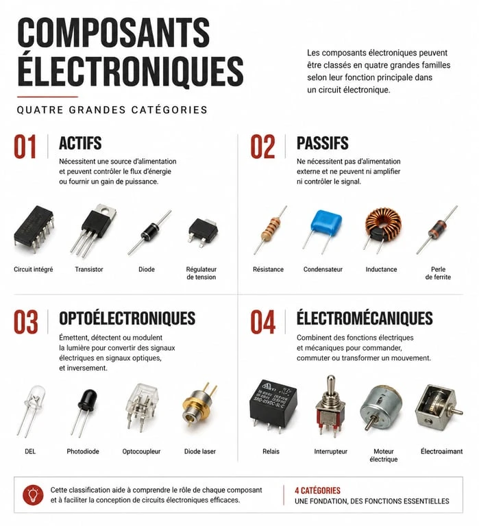 Infographie des familles de composants électroniques : actifs, passifs, optoélectroniques et électromécaniques