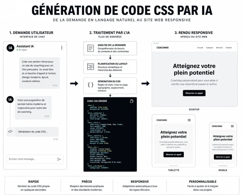 Schéma du processus de génération de code CSS par intelligence artificielle pour le développement web