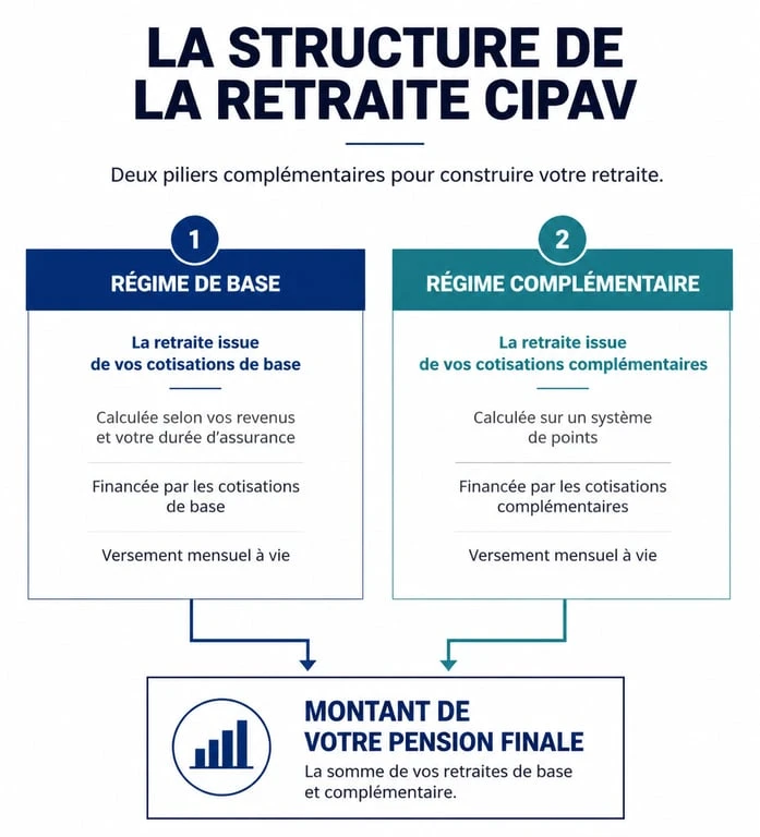 Schéma explicatif de la structure de la retraite CIPAV avec régime de base et complémentaire