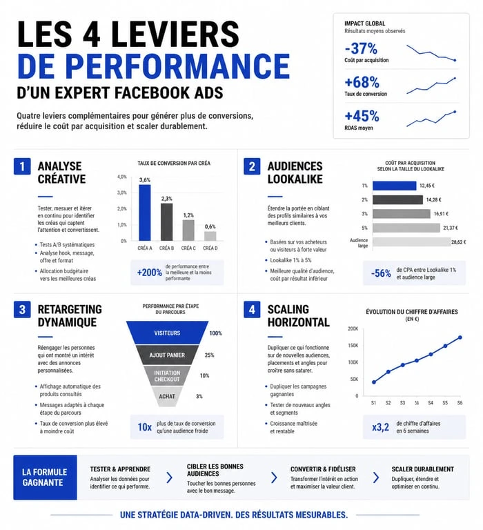 Infographie des 4 leviers de performance pour un expert Facebook Ads : analyse créative, audiences, retargeting et scaling.
