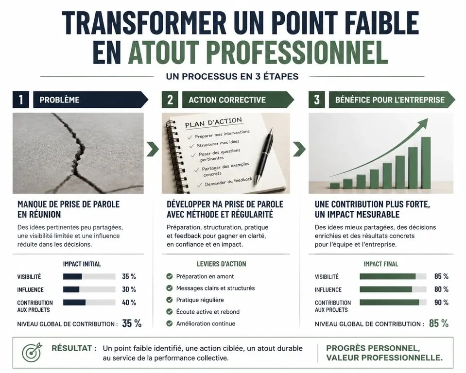 Infographie sur la méthode pour présenter ses points faibles en entretien d'embauche