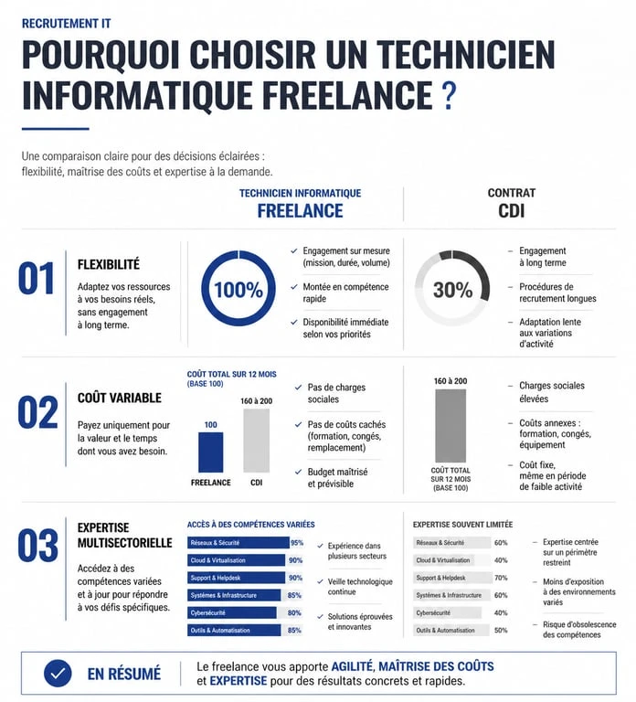 Comparatif : Recruter un technicien informatique freelance vs CDI