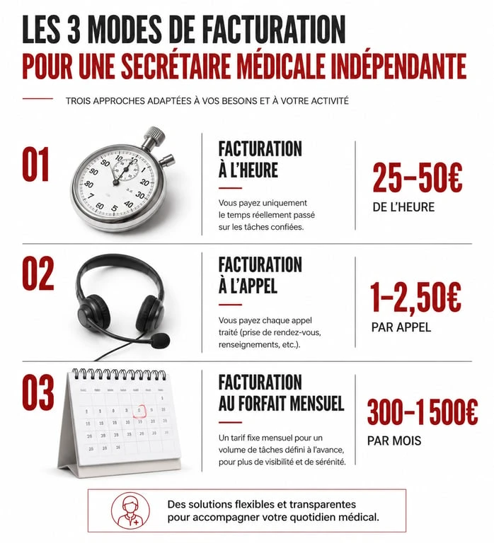 Infographie comparative des tarifs d'une secrétaire médicale indépendante : facturation à l'heure, à l'appel et au forfait mensuel.