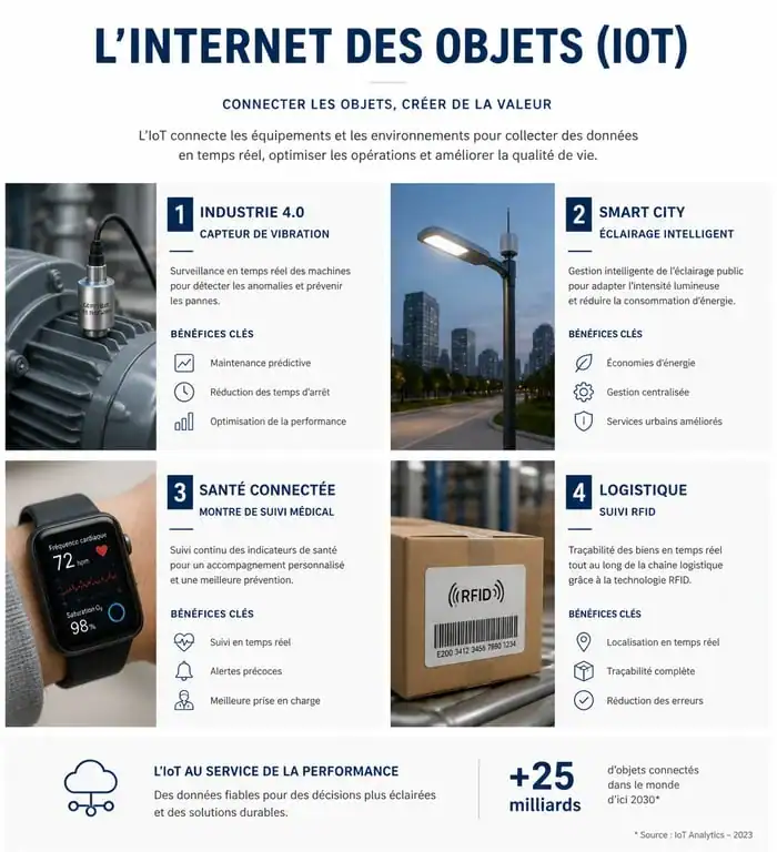 Infographie des applications concrètes de l'Internet des Objets (IoT) dans l'industrie, la ville, la santé et la logistique.