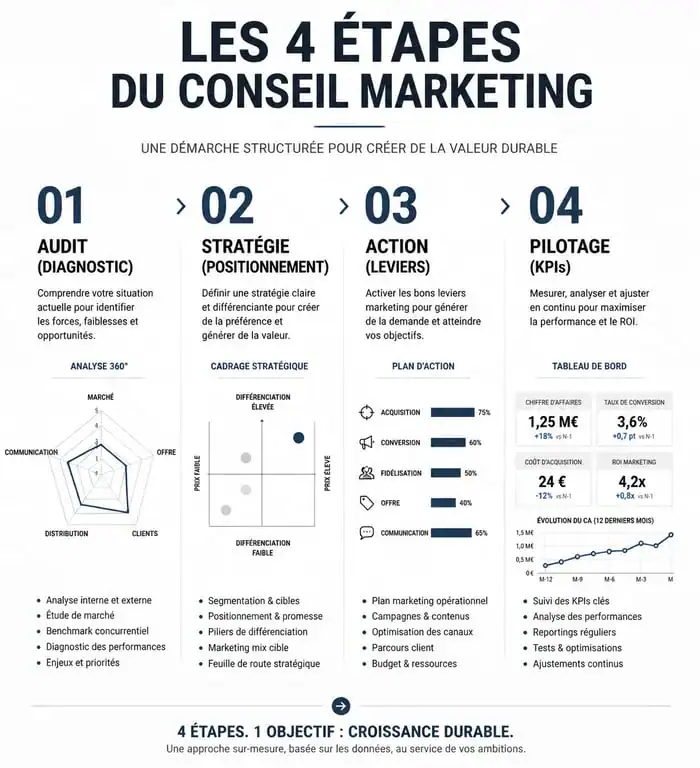 Étapes du conseil marketing : audit, stratégie, action et pilotage des KPI