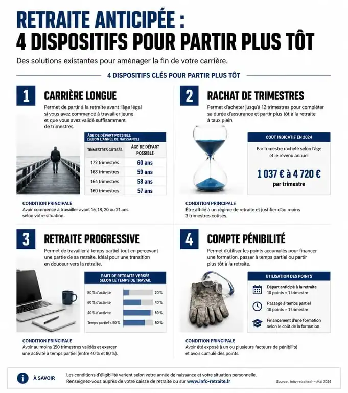 Infographie des dispositifs de départ anticipé à la retraite en France