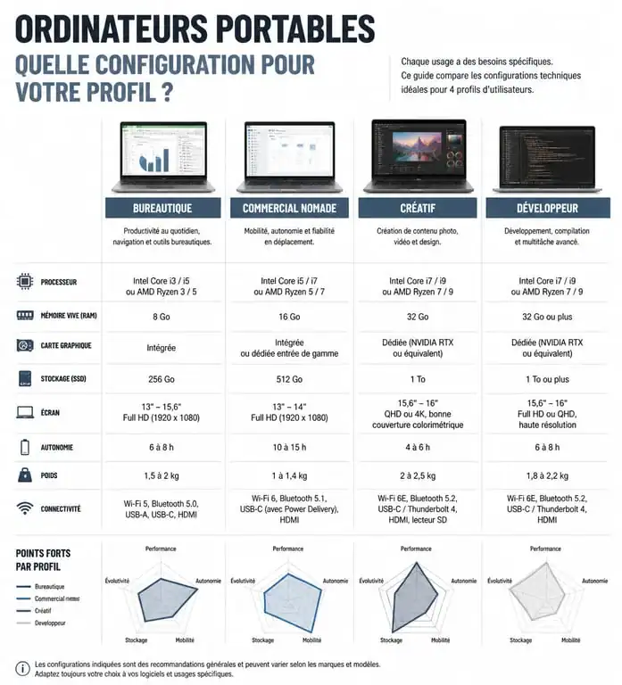 Infographie comparative des configurations d'ordinateurs portables pour travailler selon le profil professionnel