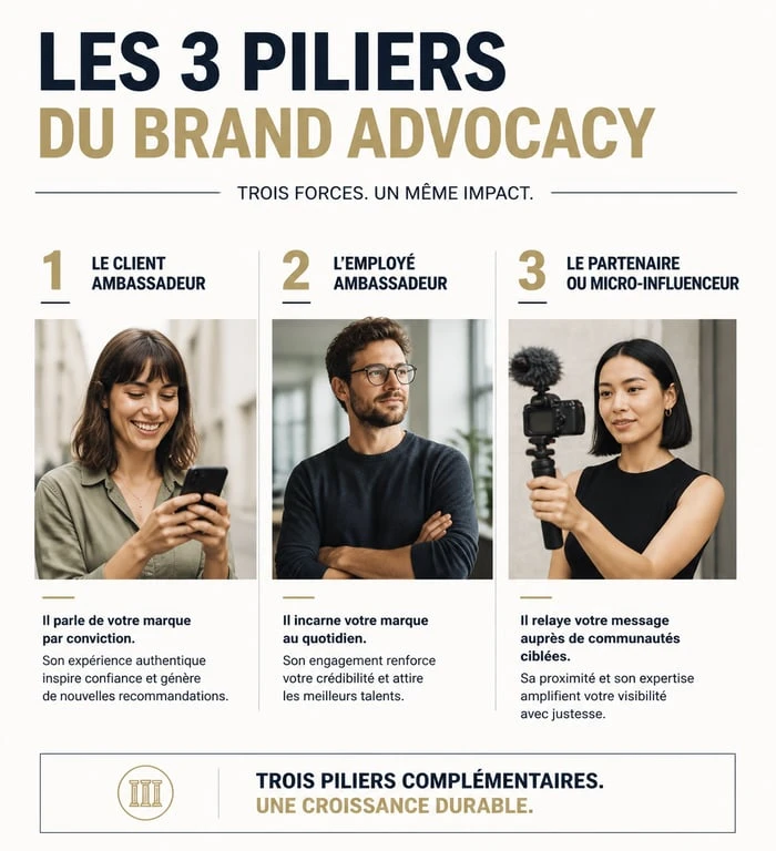 Infographie des trois piliers du brand advocacy : client, employé et partenaire pour une stratégie de marque efficace.