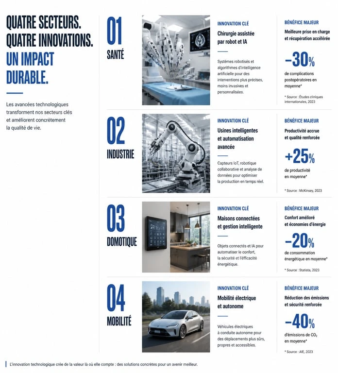 Infographie comparative des innovations technologiques par secteur : santé, industrie, domotique et mobilité