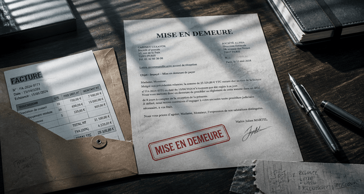 mise en demeure facture impayée sur bureau