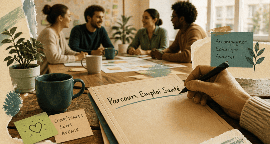 Parcours emploi santé, dossier sur table et groupe en réunion