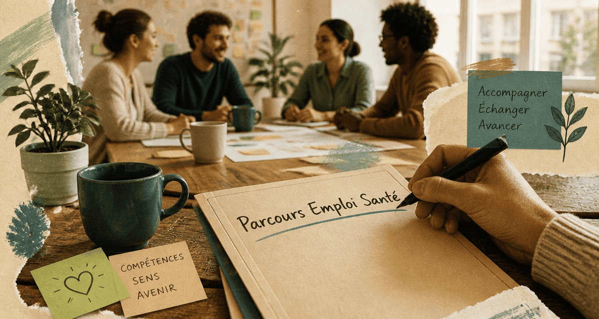 Parcours emploi santé, dossier sur table et groupe en réunion