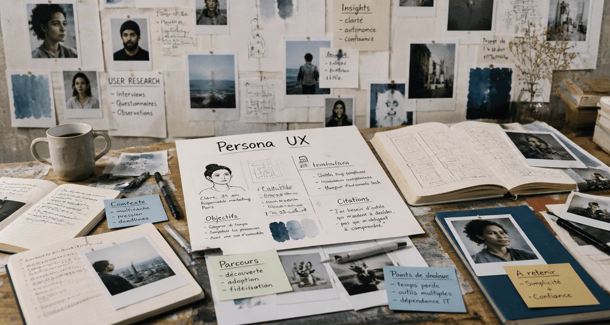 Table de studio avec fiches persona UX, post-its et photos