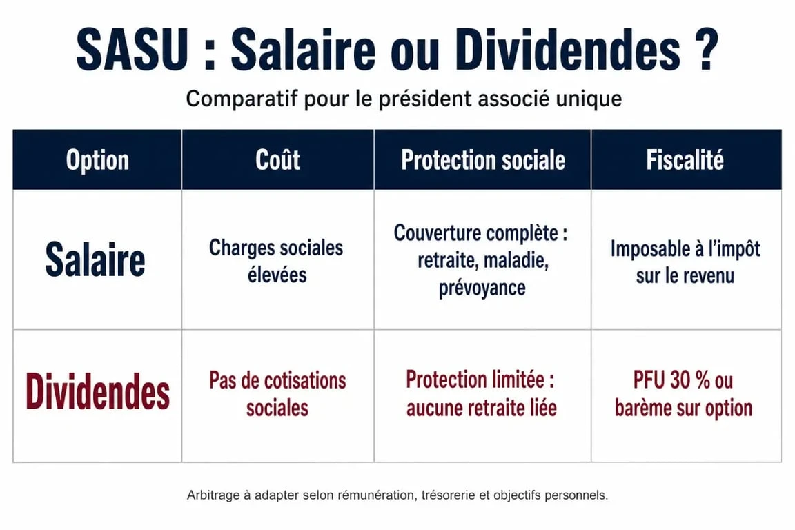 Comparatif salaire vs dividendes pour dirigeant de SASU : simulation de revenu et protection sociale
