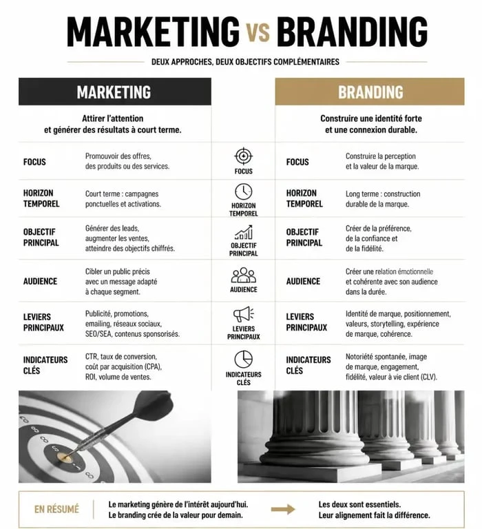 Infographie comparative marketing vs branding illustrant la différence entre stratégie de vente et image de marque.