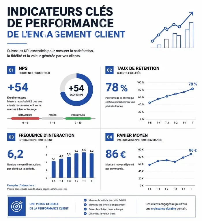 Infographie des indicateurs clés de performance pour mesurer le customer engagement et la fidélité client.
