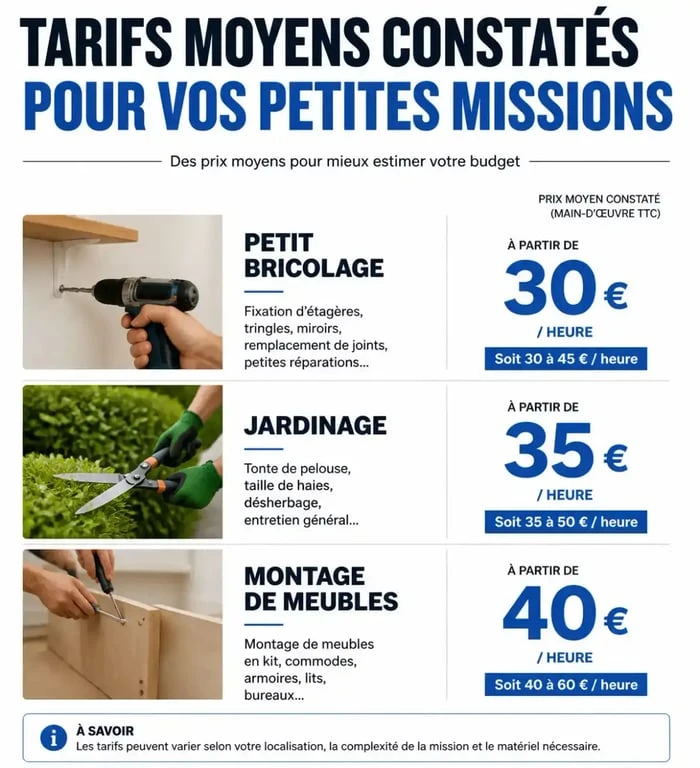 Tableau comparatif des tarifs moyens pour auto-entrepreneur multiservice et petit bricolage