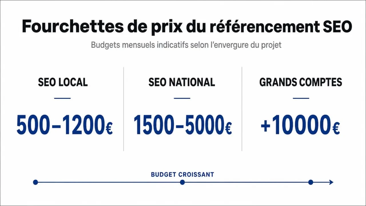 Infographie des prix du référencement Google SEO selon la taille de l'entreprise et les objectifs