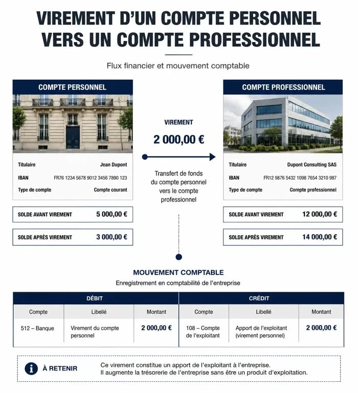 Schéma comptable du virement d'un compte personnel vers un compte professionnel pour la comptabilité d'entreprise