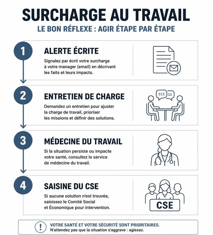 Infographie des étapes à suivre en cas de surcharge au travail pour protéger sa santé et ses droits