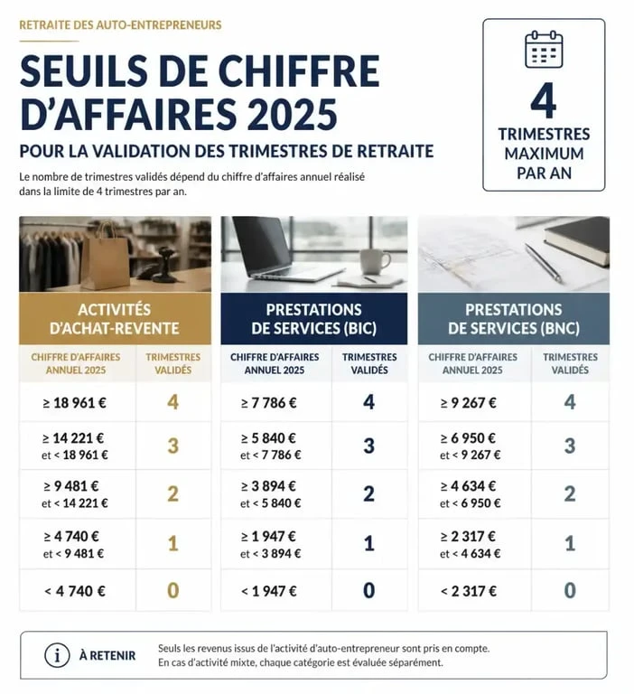 Tableau des seuils de chiffre d'affaires 2025 pour la validation des trimestres de retraite auto entrepreneur