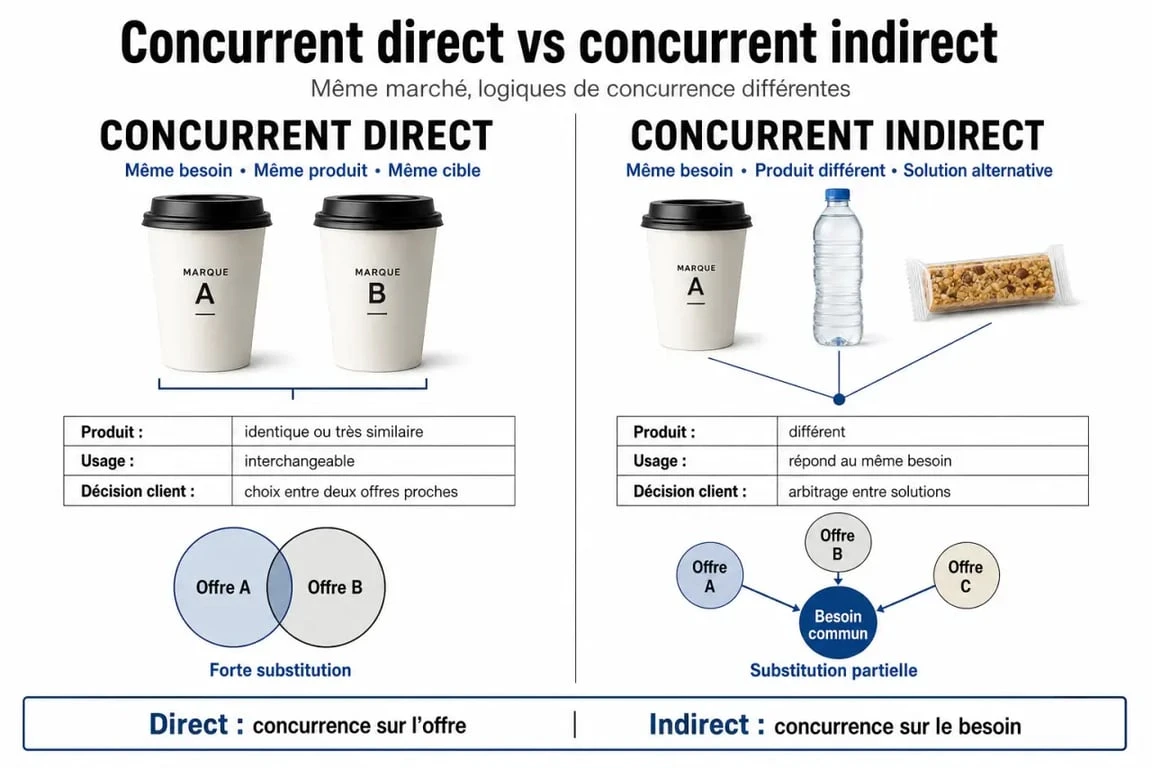 Infographie comparative : différence entre concurrent direct et concurrent indirect pour une stratégie d'entreprise efficace.