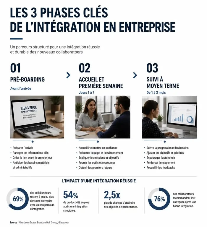 Infographie des étapes clés de l'intégration en entreprise pour réussir l'onboarding d'un nouveau collaborateur