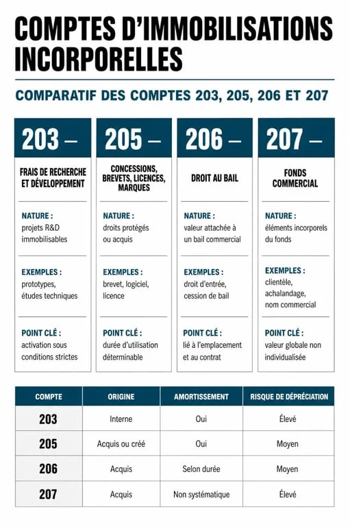 Infographie comparative des comptes d'immobilisations incorporelles 203, 205, 206 et 207 pour la comptabilité