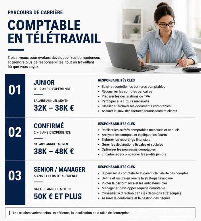 Infographie sur les salaires et l'évolution de carrière d'un comptable full remote