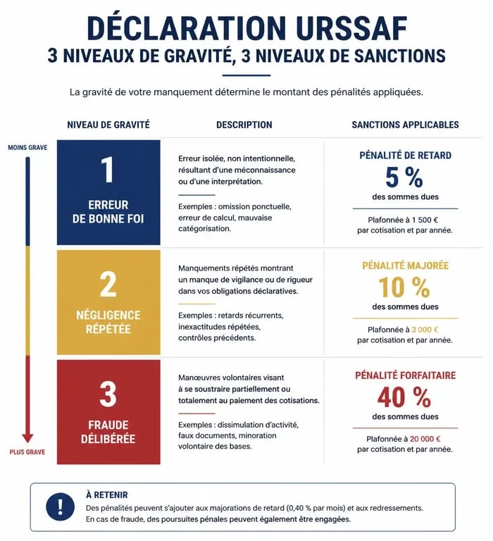 Infographie sur les conséquences d'une fausse déclaration URSSAF pour auto-entrepreneur