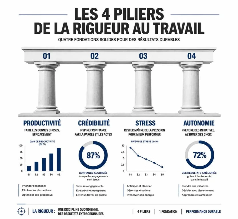 Infographie illustrant les bénéfices de la rigueur dans le travail : productivité, crédibilité, gestion du stress et autonomie.