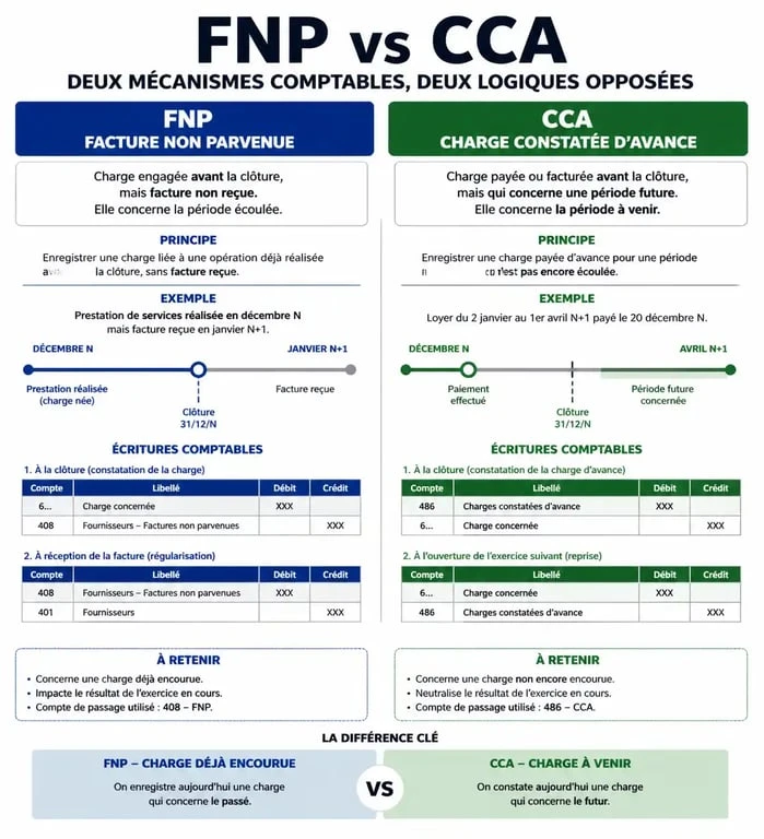 Schéma explicatif de la différence entre facture non parvenue et charge constatée d'avance en comptabilité