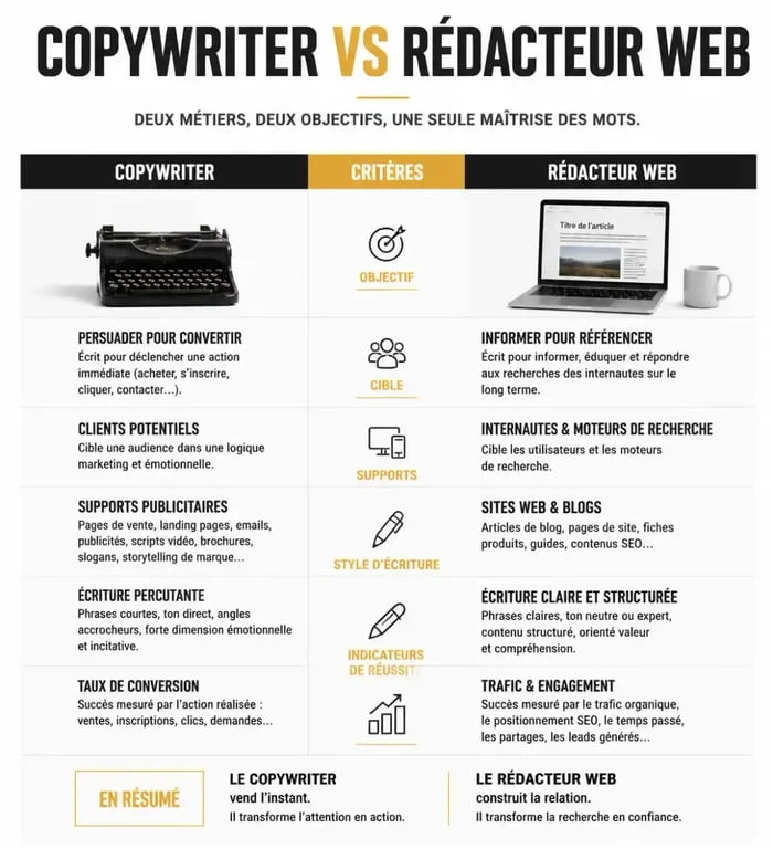 Infographie comparative entre le métier de copywriter et celui de rédacteur web pour comprendre leurs missions respectives