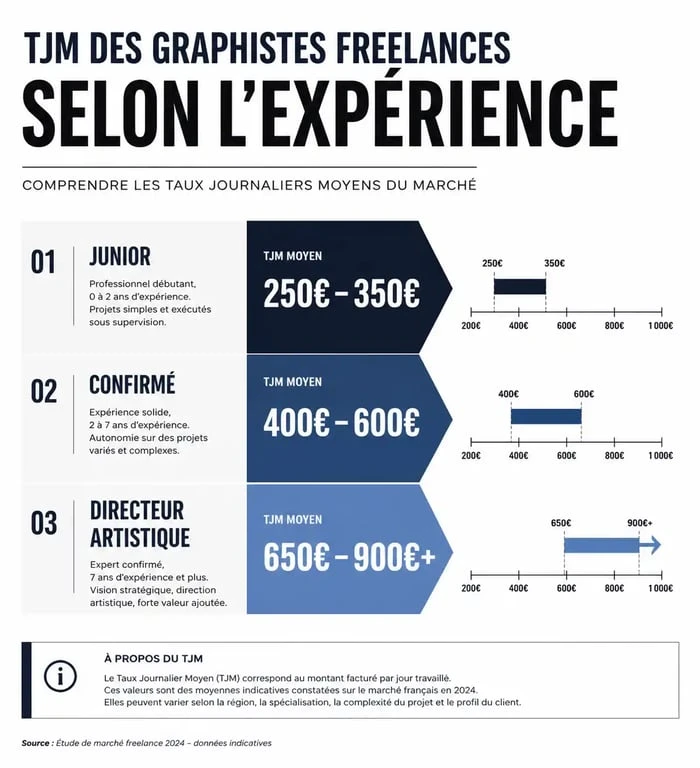 Infographie des tarifs TJM moyens pour graphistes freelances selon l'expérience