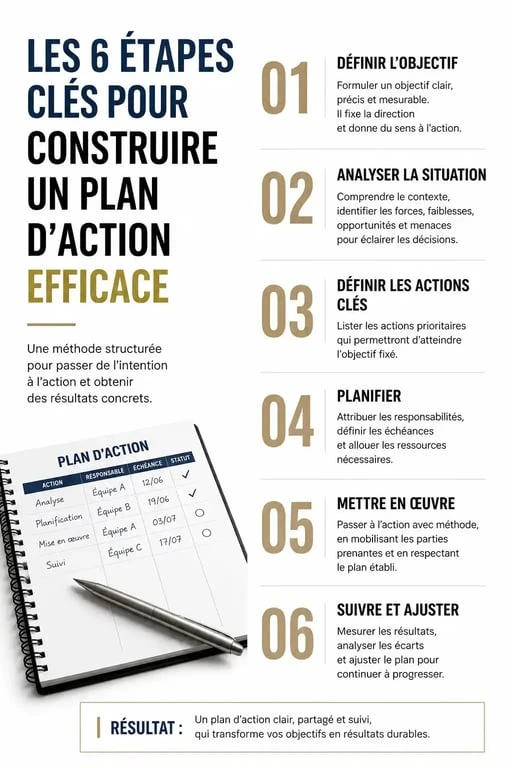 Infographie des 6 étapes pour créer un exemple de plan d'action efficace
