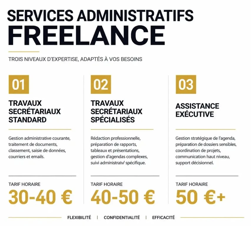 Infographie des tarifs pratiqués pour une offre de mission de secrétaire indépendante selon le niveau d'expertise