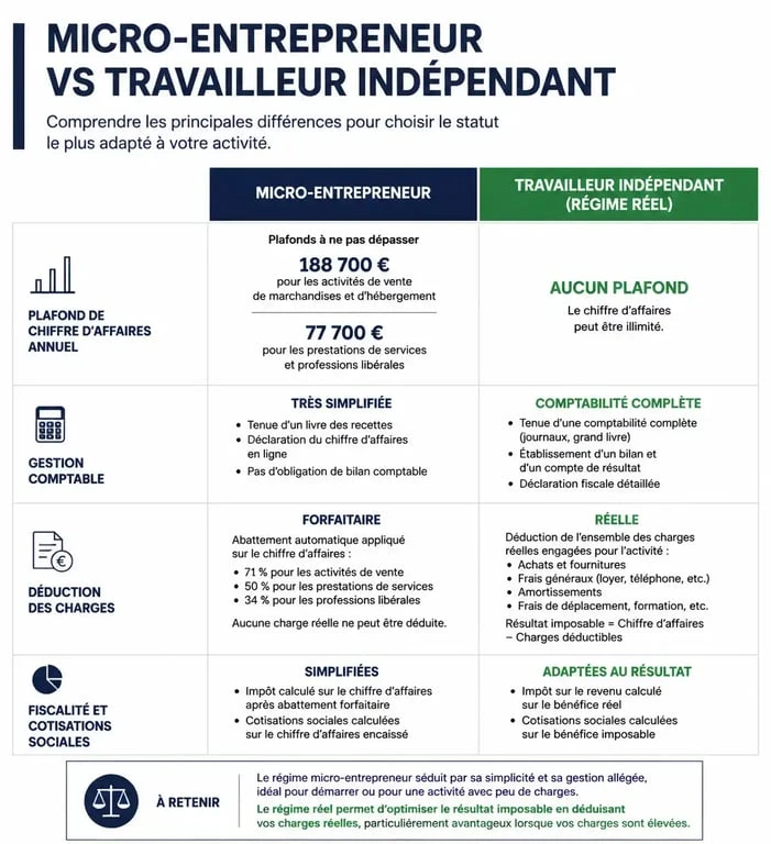 Infographie comparative entre le statut de travailleur indépendant et auto-entrepreneur