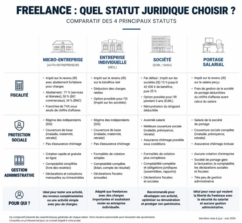 Comparatif des statuts juridiques pour freelance : micro-entreprise, EI, société et portage salarial