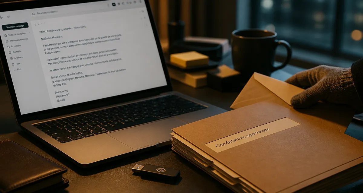 Exemple mail pour candidature spontanée : dossier et email sur ordinateur au bureau