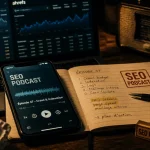 Podcast seo : bureau avec lecteur audio et outils SEO pour référencement