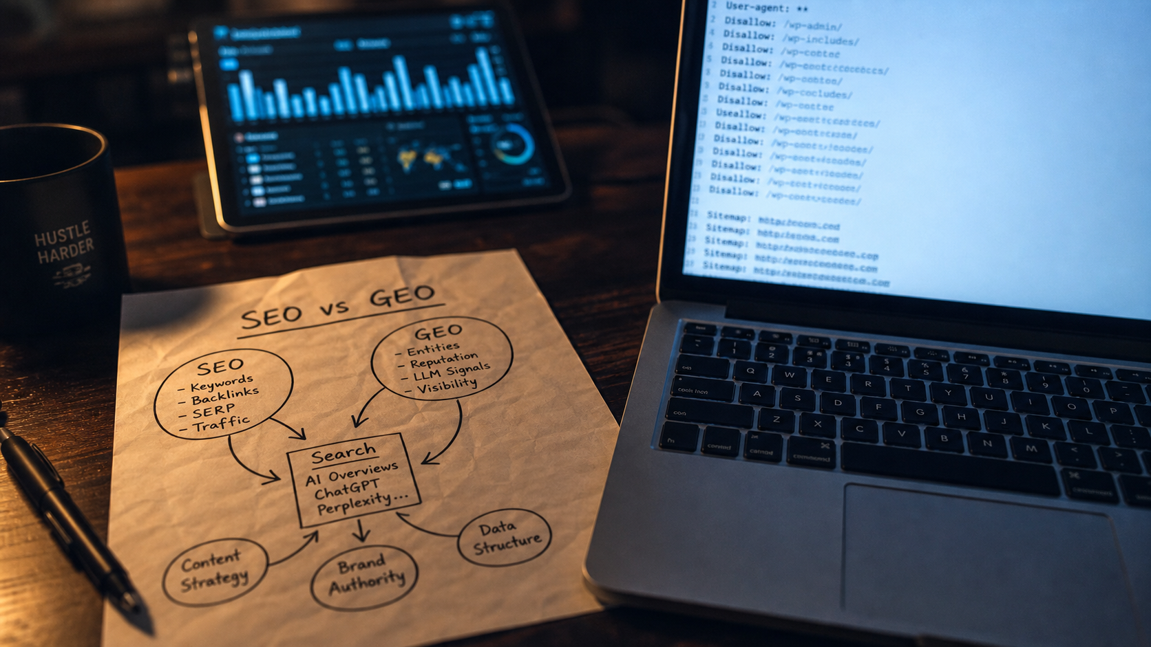 seo chatgpt : schéma SEO vs GEO sur bureau sombre, robots.txt visible