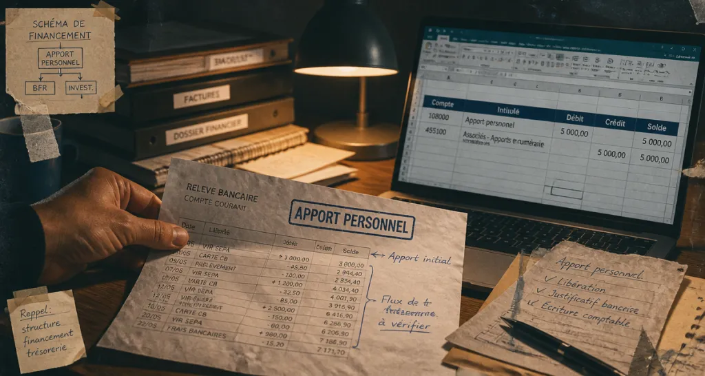 virement compte perso vers compte pro comptabilité, apport personnel, relevé bancaire, tableau Excel